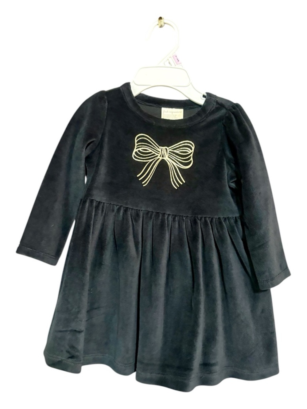 FIRST IMPRESSIONS Black Velvet Dress with Gold Bow Embroidery